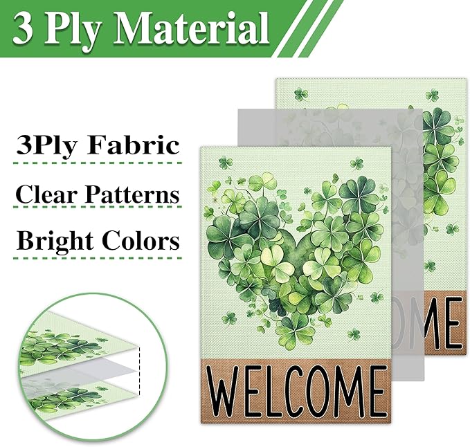 St Patrick'S Day Garden Flags for Outside 12×18 Floral Welcome Garden Flags 3 Ply Shamrocks Flag for Outdoor Yard House Lawn Holiday Sign Decor