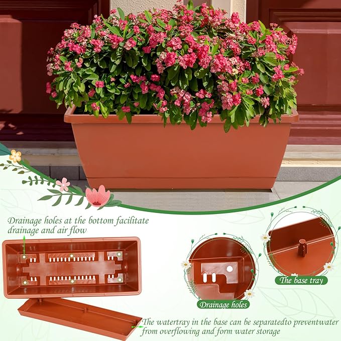 12Pcs 17Inches Rectangle Planter Box with Drainage Holes and Trays Plastic Planters Flower Boxes Pots for Indoor Outdoor Plants Patio Garden Home Decor Porch Yard (Gray)