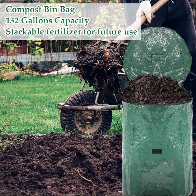 Berlune 4 Pack 132 Gallons Reusable Yard Waste Bag Garden Lawn Leaf Collector Bag Large Heavy Duty Collapsible Compost Bin with Lid and Handles for Outdoor Debris Leaves Grass Clippings