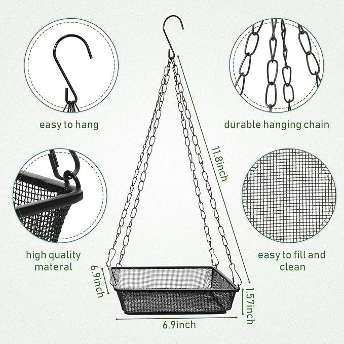 4 Pieces Hanging Bird Feeder Tray Platform Metal Mesh Feeder Seed Platform for Bird Feeding Outside Outdoors Wild House Hanging for Attracting Birds, Black(Square)