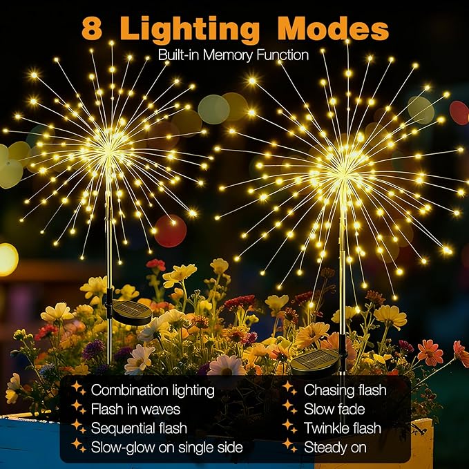btfarm 2 Pack 120 LED Solar Garden Lights Outdoor, 8 Modes Firework Lights Solar Powered, Waterproof Twinkle Fairy Light Outside for Yard Patio Pathway Pool Christmas Party Decorative, Warm White