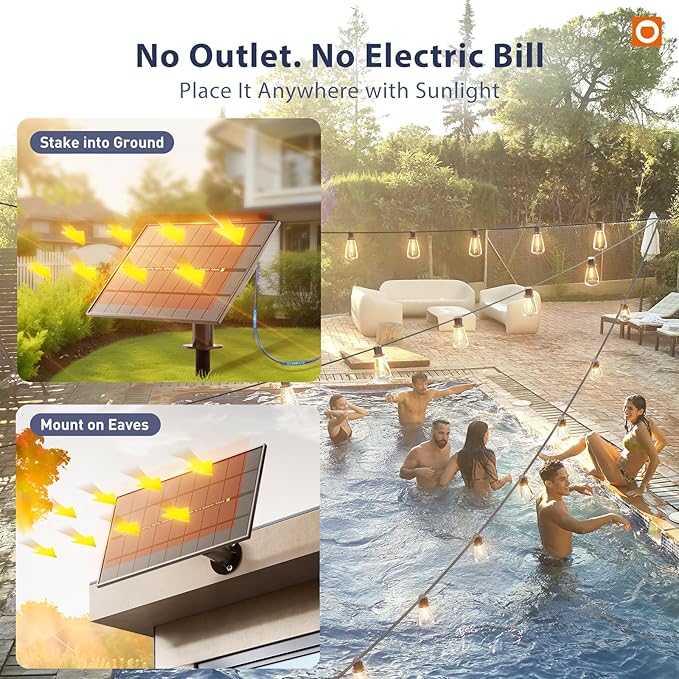 addlon 150FT(144+6) Solar String Lights Outdoor with Remote, Long-Lasting Waterproof Patio Lights, Dimmable & Timable Hanging Solar Light with 45 LED Bulbs for Outside, Yard, Garden, Camping, Gazebo