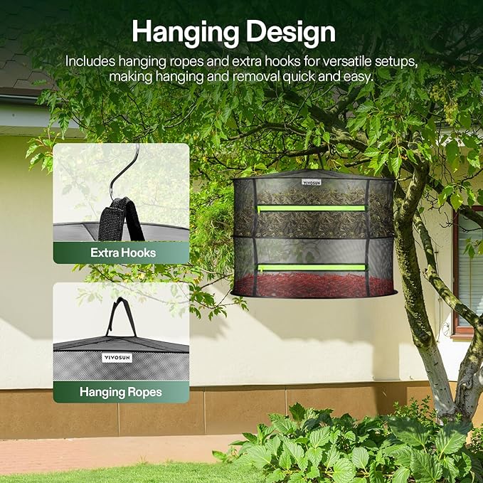 VIVOSUN 2-Layer Mesh Drying Rack Hanging Design with Green Zippers for Dehydrating, Indoor and Outdoor Pruning Shears Included (Pack of 2)