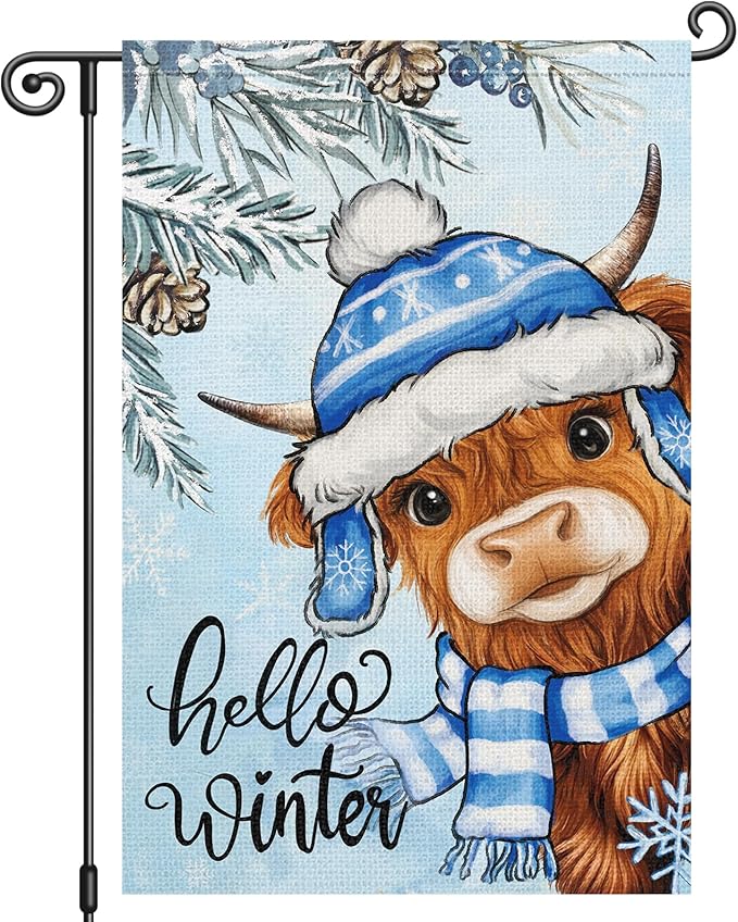 Louise Maelys Hello Winter Garden Flag Highland Cow Snowy 12x18 Inch Double Sided Welcome Christmas Xmas Tree Holiday Seasonal Small Burlap Yard Sign Outdoor House Decor