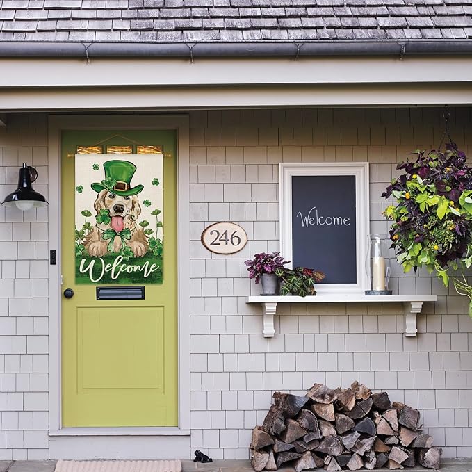 AVOIN colorlife St Patricks Day Green Hat Dog House Flag 28x40 Inch Double Sided, Lucky Shamrock 17 March Welcome Yard Outdoor Flag