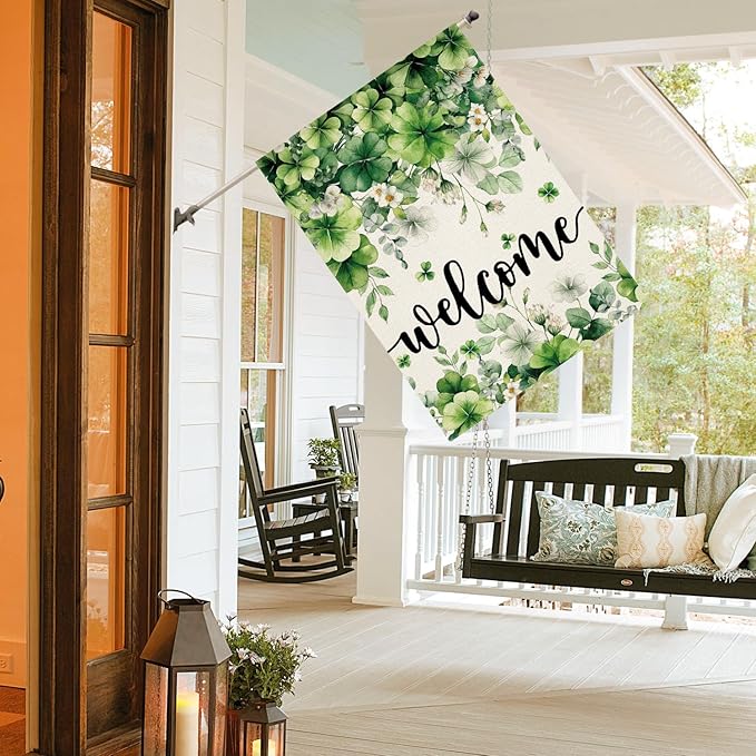 AVOIN colorlife St Patricks Day Floral House Flag 28x40 Inch Double Sided Outside, Shamrock Lucky Clover Welcome Yard Outdoor Flag