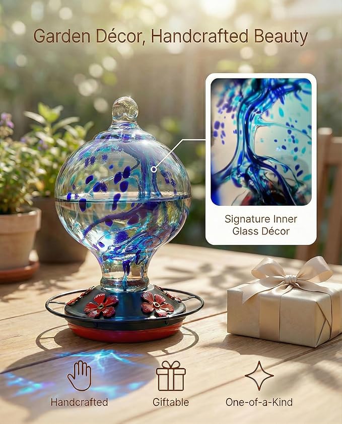 Hummingbird Feeder for Outdoors Hanging, 34 Oz, Handcrafted Gift Inner Glass Décor for Bird Garden Lover, Ant Moat & Bee-Resistant Ports, Hook & Brush Included, Ocean Blue