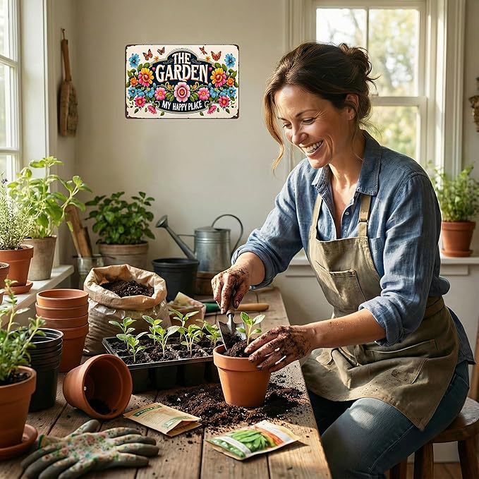 Plants Gifts The Garden My Happy Place Vintage Tin Sign for Garden Patio Porch Yard She Shed Decor 8x12 Inch (3902)