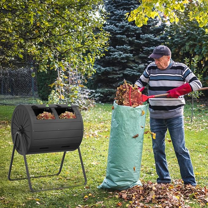 Dual Chamber Tumbling Composter 45 Gallon Large Outdoor Tumbling Composter Efficient Batch Composting Easy Turn Design (Black 45Gal)