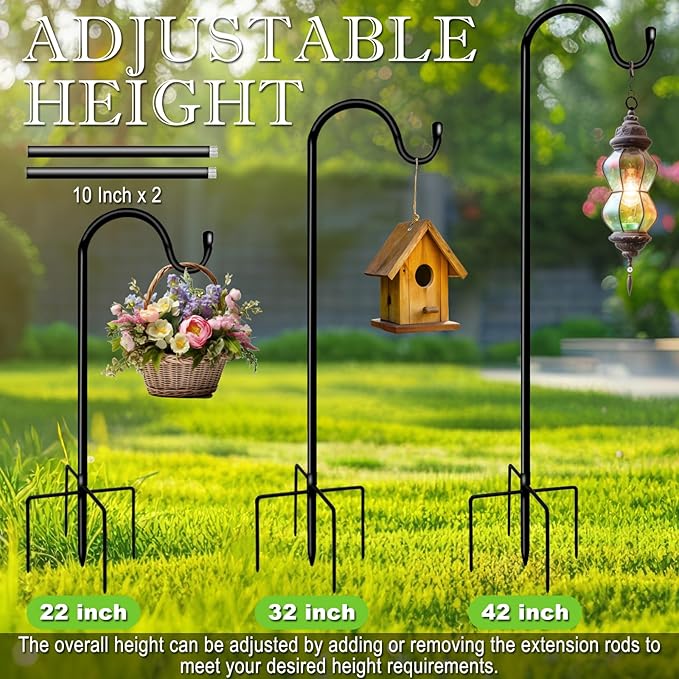 Shepherds Hooks for Outdoor 42 Inch Garden Bird Feeder Pole with 5 Prongs Base Adjustable for Hanging Flower Basket Plant Pot Solar Lantern Light Wind Chime Hanger for Wedding Decor 1 Pack