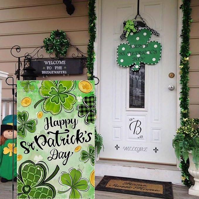 Happy St Patricks Day Shamrock Garden Flag 12 x 18 inch Double Sided Outside decorations,Spring Small Garden Flags For Outdoor Yard Lawn
