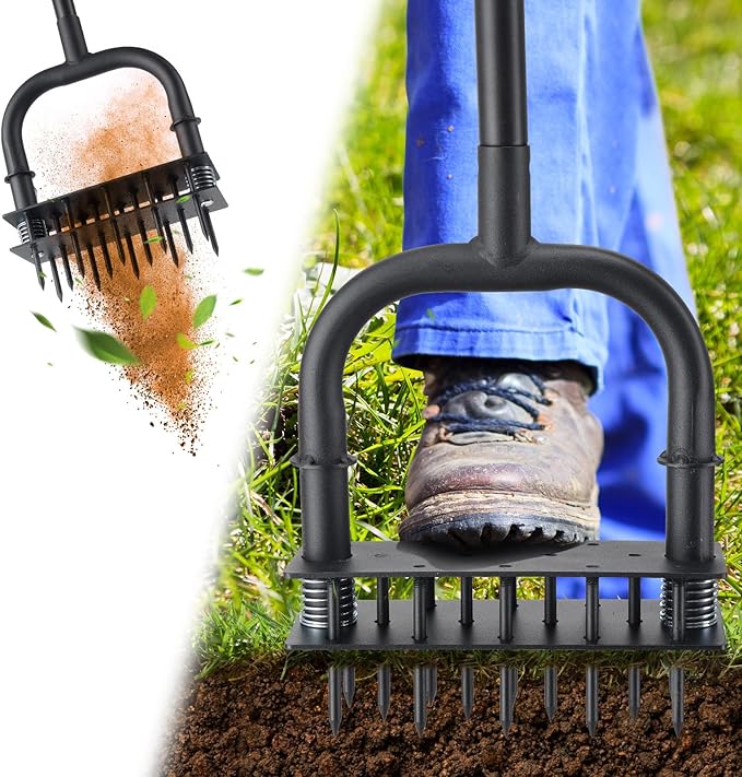 Aerator Lawn Tool: Sharp 14 Iron Spikes, Automatic Dirt Leaf Cleaning, Manual Lawn Aerators with Ergonomic T-Handle for lawn Yard Garden Patio Soil Loosening Grass Aerating