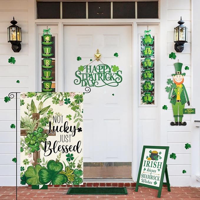 AVOIN colorlife St Patricks Day Garden Flag 12x18 Inch Double Sided Outside, Not Lucky Just Blessed Shamrocks Clovers Cross Yard Outdoor Flag
