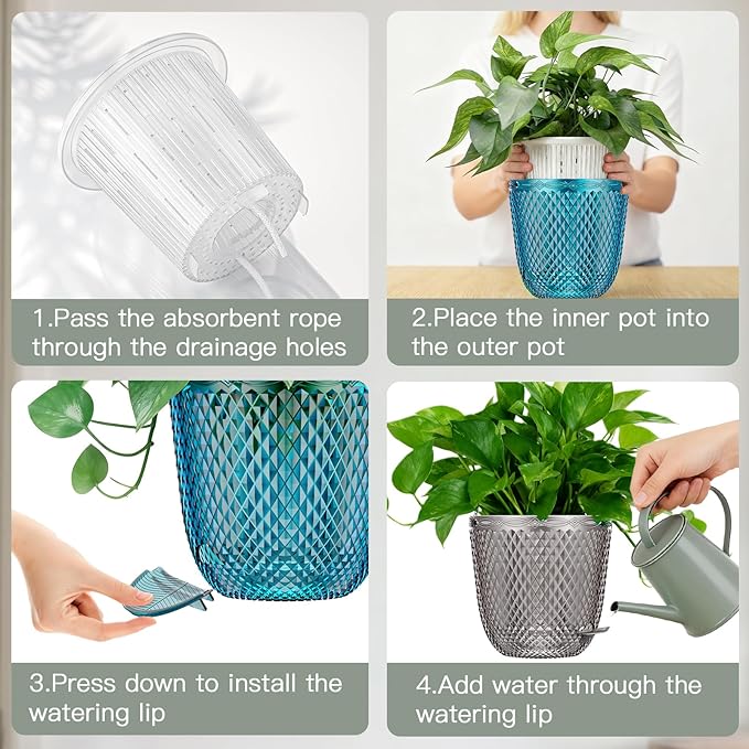 QCQHDU 2 Pack Self Watering Pots, 5.7 Inch Flower Pots with Drainage Holes and Water Filling Port, Garden Planter for Indoor Outdoor Plants (Clear)