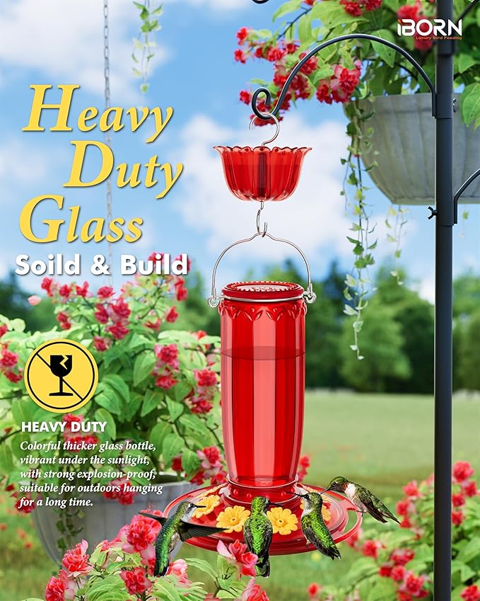 iBorn Hummingbird Feeder for Outdoors Hanging with Ant Moat for Hummingbird Feeder 8 Ports for 16oz Hummingbird Nectar, Pack of 2, Red Bottle Red Base & Fuchsia Bottle Fuchsia Base