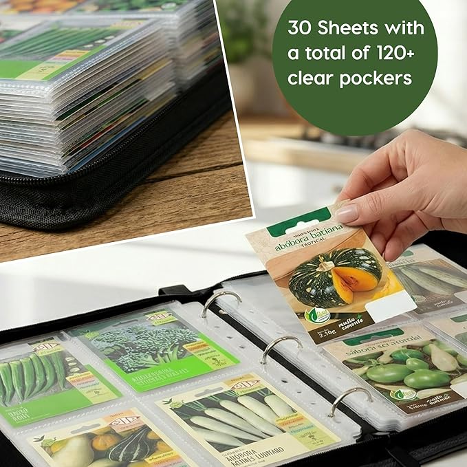 Seed Storage Binder with Handle,120 Pockets Seed Packet Organizer, A4 Size Gardener Notebook with Zipper Closure, 30 Clear Pages for 4x6 Photo/Seed Packets, Garden Seed Keeper (Upgraded Version)