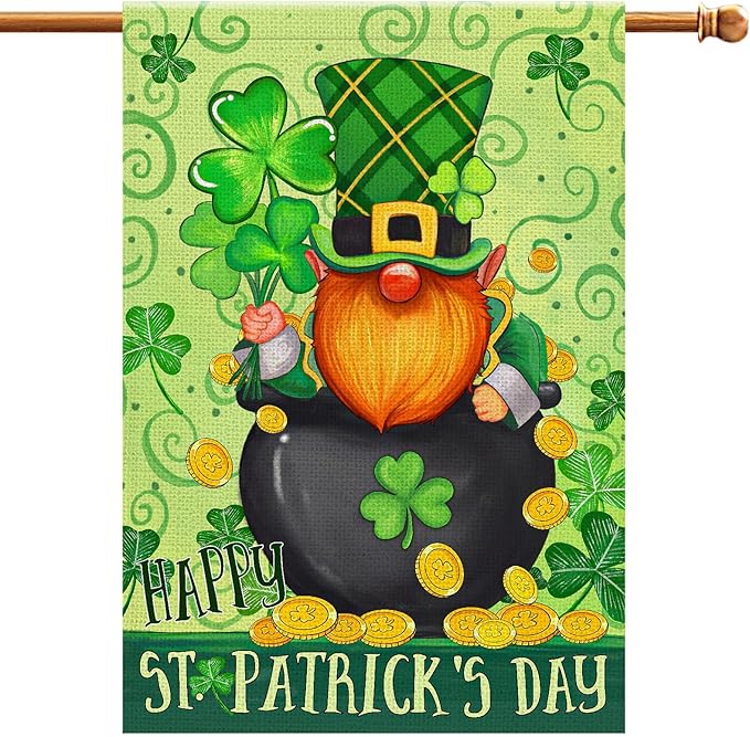 Happy St Patricks Day Gnome House Flag Burlap 28x40 Double Sided, Green Leprechaun Hat Shamrock Lucky Clover Holiday Party Sign Large Flags Yard Outdoor Decorations DF656-28