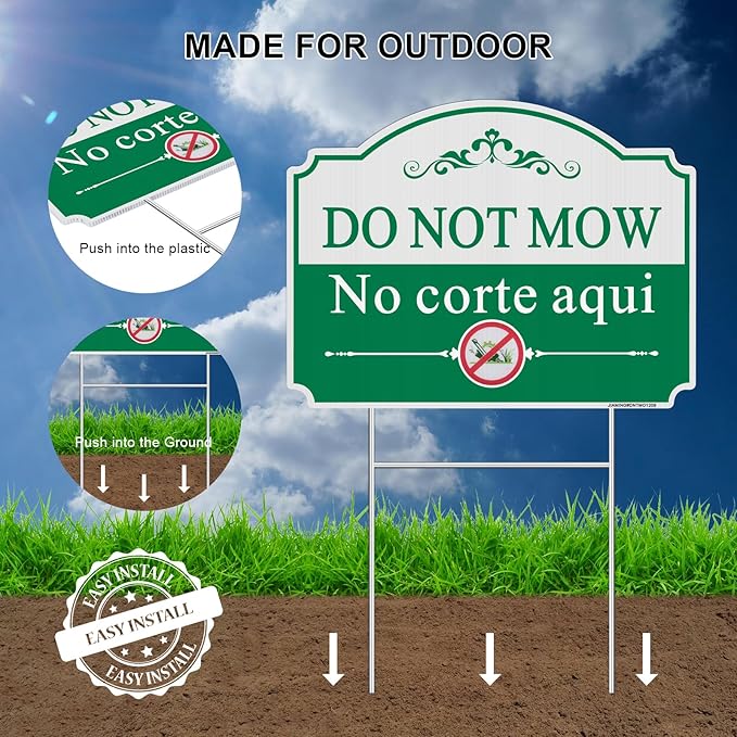 Do Not Mow Yard Sign, Bilingual Plant Garden Sign in English and Spanish, 2 Pack 12.6" x 9.5" No Mowing Outdoor Lawn Sign. Double Sided with Metal Stakes, UV Protected, Weatherproof, Easy to Mount.
