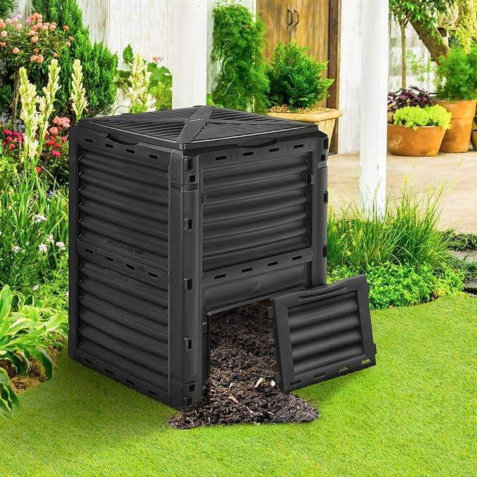 Compost Bin Outdoor, 80 Gallon Garden Compost Bin with Top Lid & Bottom Door, Aerating Outdoor Compost Box Waste Container Barrel Fertilizer for Garden & Yard (Black)