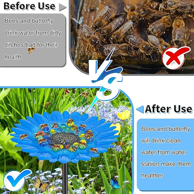 Bee Watering Station Feeder, Metal Butterfly Water Feeder with 30 Colorful Glass Marbles, Bee Waterer Feeder for Butterfly Bird Garden Outdoor Decors (Blue Chrysanthemum)