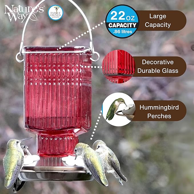 Nature's Way Hanging Glass Hummingbird Feeder for Outdoor Decor, 22 Ounce Capacity Nectar Feeder, 4 Easy to Clean Flexible Ports, Red