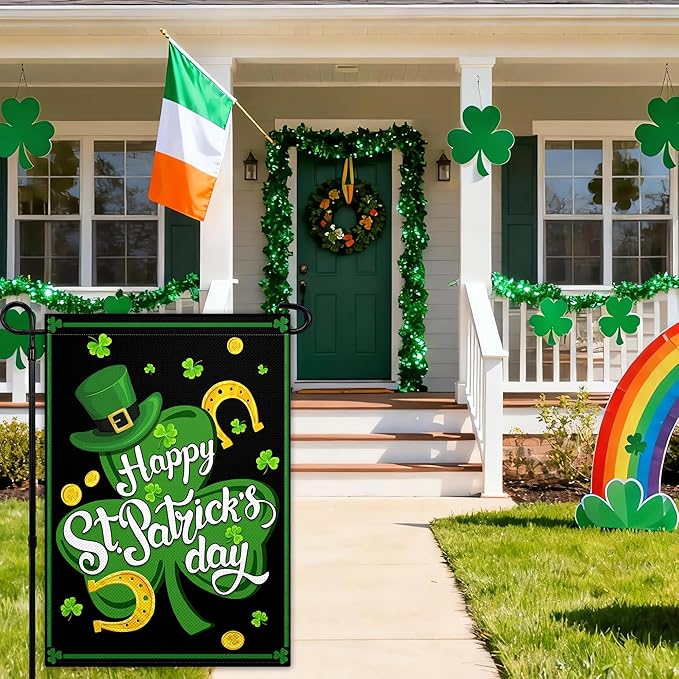 St Patrick'S Day Double Sided Garden Flags 12×18 Happy Shamrocks Garden Flag Clover Hat Gold Coins Flag for Outside Yard House Lawn Outdoor Holiday Sign Decor