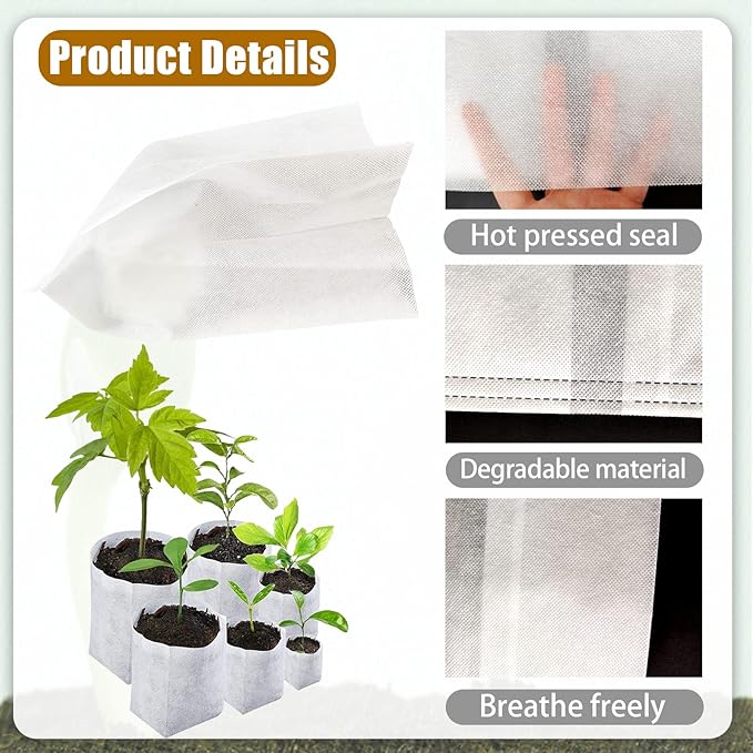 Tarklanda 100pcs Grow Bags, Biodegradable Non-Woven Plant Nursery Bags, 9.8*9.8 Inches, White, Indoor Use