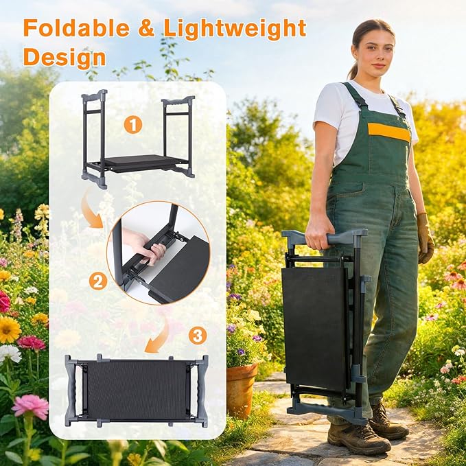 Garden Kneeler and Seat, Extra Wide Thick EVA Pad, Heavy Duty Foldable Garden Bench Holds 350lbs, Ergonomic Kneeling Stool with Garden Tool Pouches, Gardening Gifts for Women, Men & Seniors