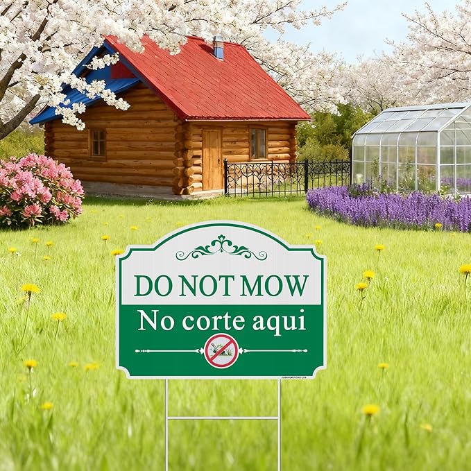 Do Not Mow Yard Sign, Bilingual Plant Garden Sign in English and Spanish, 2 Pack 12.6" x 9.5" No Mowing Outdoor Lawn Sign. Double Sided with Metal Stakes, UV Protected, Weatherproof, Easy to Mount.