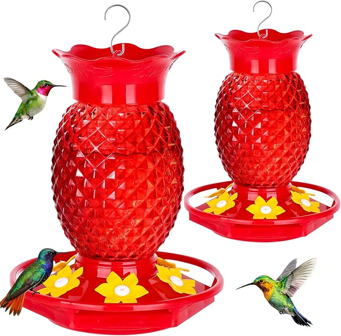 Glass Hummingbird Feeders for Outdoors Hanging Ant and Bee Proof 16OZ 2 Pack Red Pineapple Humming Bird Feeder with 6 Feeding Ports and Ant Moat Hummingbird Gifts for Women Garden Decor