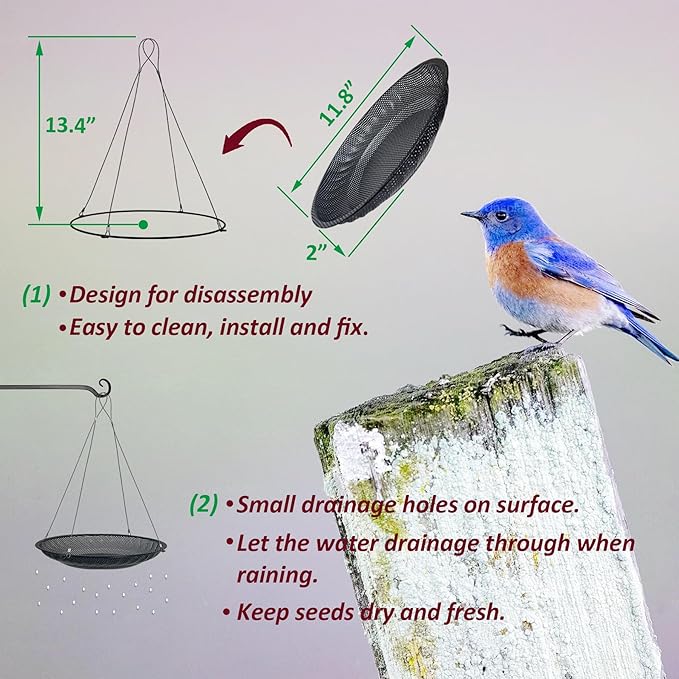 Upgraded Hanging Bird Feeder Tray (2 Sets),11.8” Stainless Steel Large Platform Open Bird Seed Tray for Outside Wild Birds