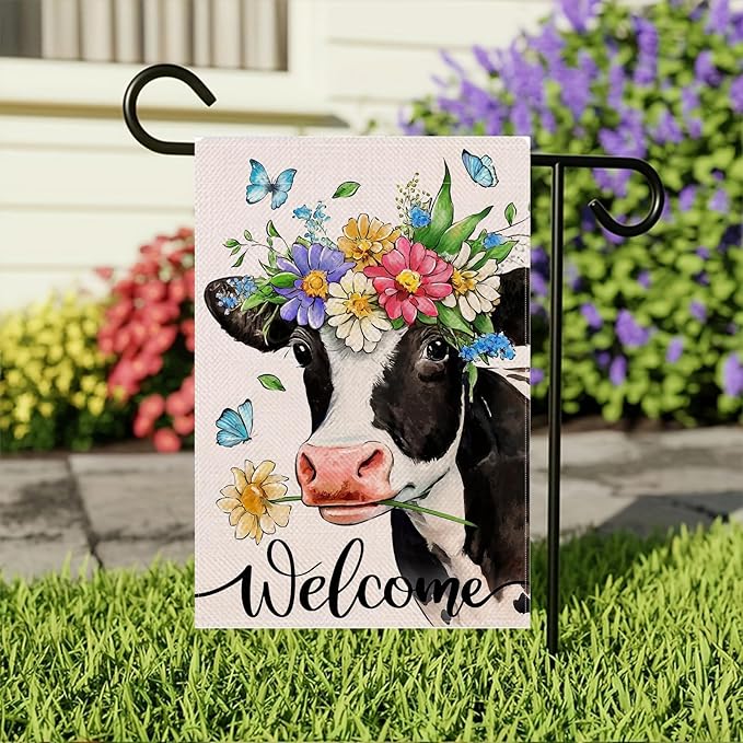 Spring Welcome Cow Garden Flag 12 x 18 inch Double Sided Outside decorations,Funny Cute Animal Flower Butterfly Small Garden Flags For Outdoor Yard Lawn