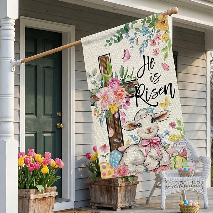 CROWNED BEAUTY Easter House Flag Cross 28x40 Inch Double Sided Large Holiday Welcome Decoration for Outside Yard
