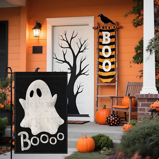 Halloween Ghost Garden Flag 12x18 Inch, Double Sided Holiday Burlap Yard Flag for Outdoor Decoration