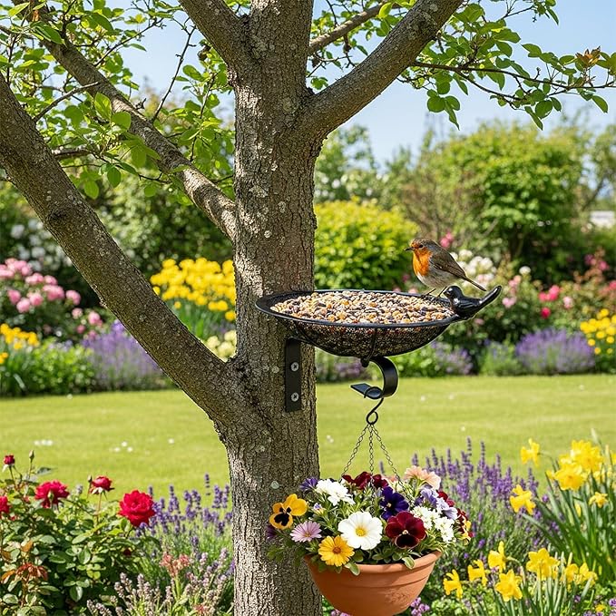 Metal Tray Bird Feeder - Spring Heavy Duty Mesh Seed Tray for Wild Birds Hummingbird, Wall Tree Fence Table Mountable Platform Feeder with Hanging Hook in Deck Balcony Garden Backyard