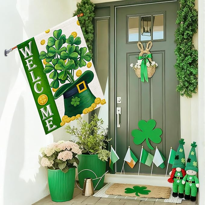 Welcome St Patricks Day House Flags Burlap 28x48 Double Sided, Green Hat Lucky Shamrocks Gold Coin Holiday Party Sign Large Flag Yard Outdoor Decor DF658-28