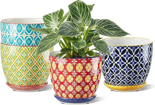 Ceramic Plant Pots, 5.8 Inch Flower Pots for Indoor Plants, Colorful Planters with Drainage Hole & Saucer, Garden Planters for Succulent, Orchid, Cactus, Home Decor, Set of 4