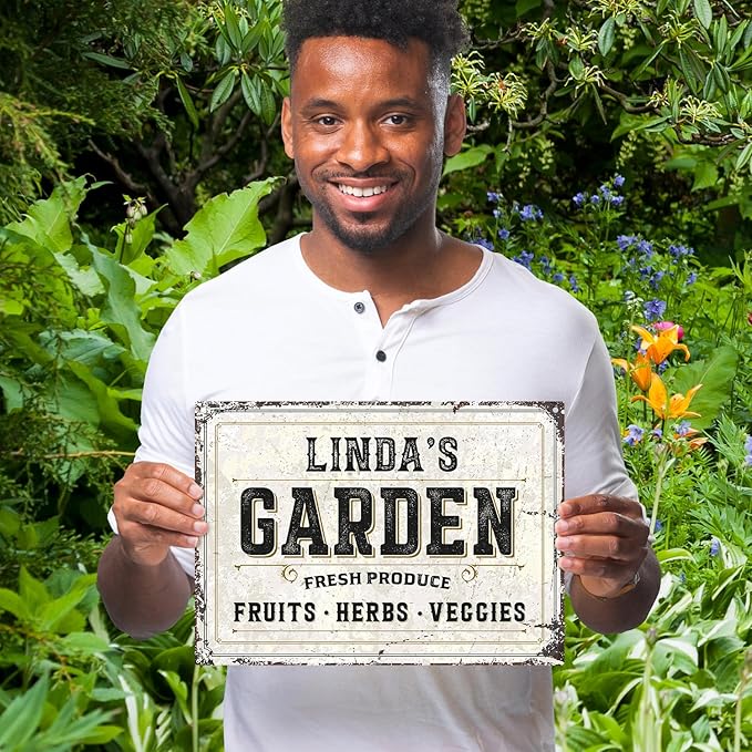 Custom Garden Fresh Produce Sign, Personalized Rustic Name for Backyard, Farm and Décor Sign, 10x14 Inches, Rust Free .040 Aluminum, Fade Resistant, Made in USA by Sigo Signs