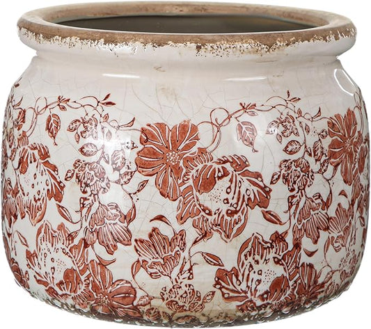7.7" Large Ceramic Plant Pot Beige Brown Vintage Peony Crackle Glaze Rustic Flowers Pot Decorative Planter with Drainage for Indoor Outdoor Plants Home Kitchen Office Decor Gift
