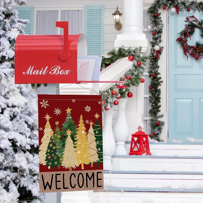 Merry Christmas Garden Flag, Christmas Trees Yard Flag 12x18 Double Sided Red Outdoor Decorations, Winter Trees Holiday Decor Welcome Burlap Garden Flag Rustic Outdoor Farmhouse Xmas for Porch Yard
