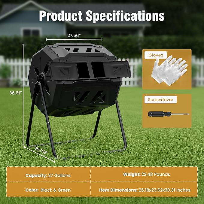 NEWBULIG Compost Bin Outdoor 43 Gallon, Dual Chamber Composter Tumbler Outdoor with Gloves, Efficient 360°Rotating Composting Bin for Patio, Lawn, Home Gardening and Landscape, Black
