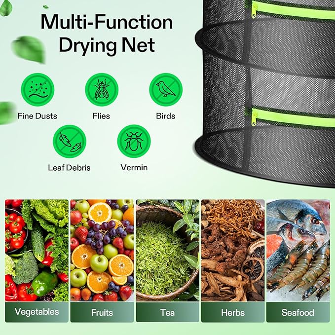 VIVOSUN 2-Layer Mesh Drying Rack Hanging Design with Green Zippers for Dehydrating, Indoor and Outdoor Pruning Shears Included (Pack of 2)