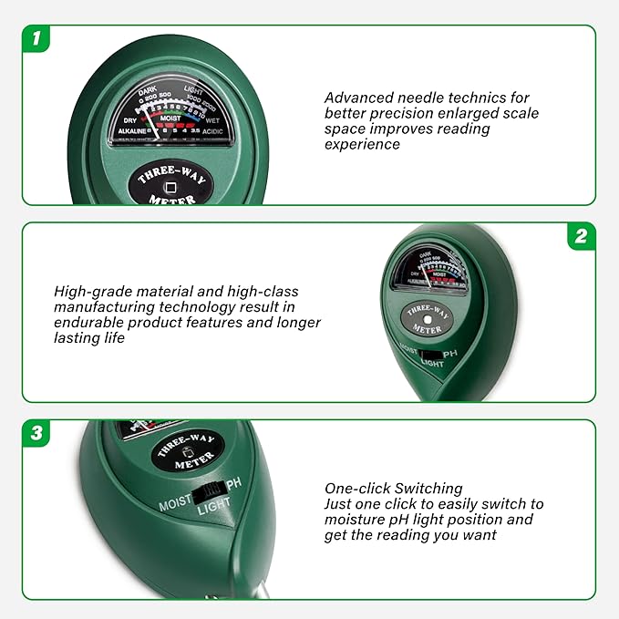 iPower Soil Meter, 3-in-1 Plant Moisture Light PH Tester for Gardening, Farming, Indoor & Outdoor Use, 4 Pack