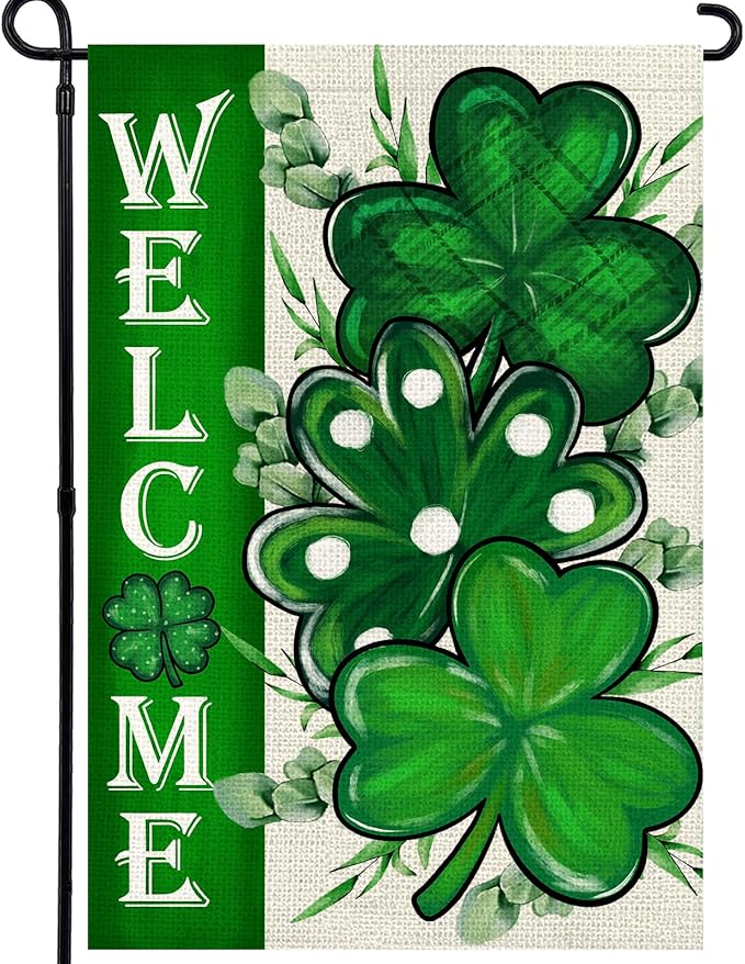 St Patricks Day Shamrocks Garden Flag 12x18 Inch, Double Sided Green Clovers Welcome Flag for Yard Outdoor Decoration