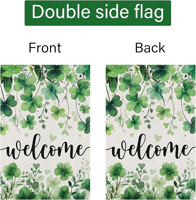 Louise Maelys St Patrick's Day Garden Flag Shamrock Clover Welcome 12x18 Inch Double Sided Small Burlap Love Heart Saint Patricks Spring Holiday Yard Outdoor Sign Outside House Decor