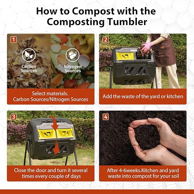 Compost Bin Outdoor, 43-Gal Dual Chamber with Steel Frame, Lagre Compost Tumbler with 2 Sliding Door and Aeration System, 360° Rotating, Tumbling Composter Bin for Kitchen, Garden, Yard, Black Yellow