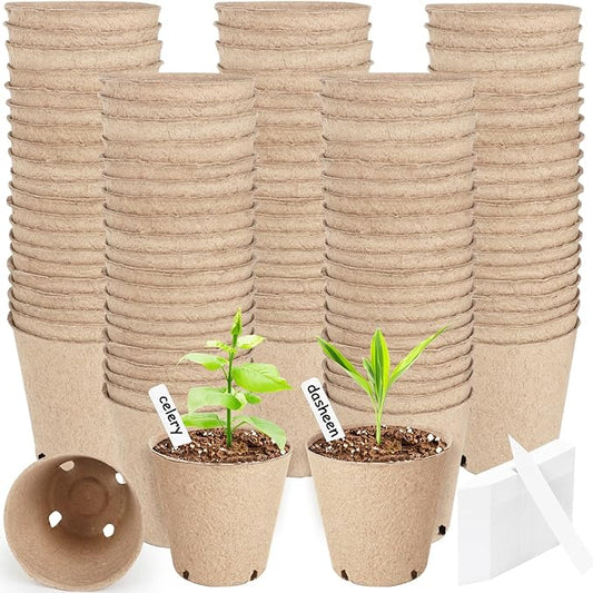 130 Pack Organic Peat Pots, 3.15 Inch Plant Starter Round Nursery Pot with Drainage Holes, Seedling Nursery Box, Seed Starting Tray, Bulk Garden Germination Paper Pulp Container with 130 Plant Labels