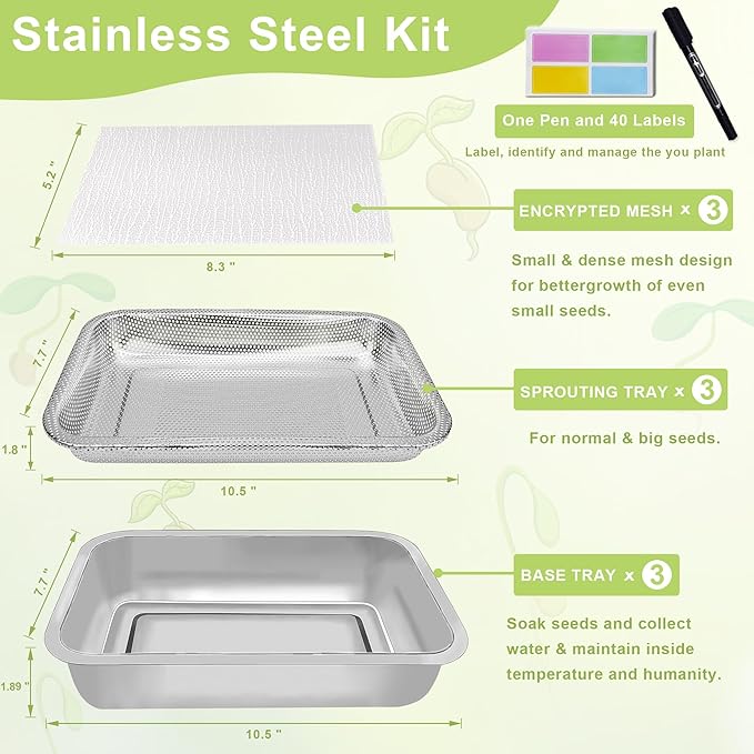 Stainless Steel Sprouts Growing Kit 3-Tier 10.4 inch Trays, Microgreens Growing Kit, Seed Sprouting Tray with Encrypted Mesh Sprouts for Beans Alfalfa Broccoli Wheat Grass
