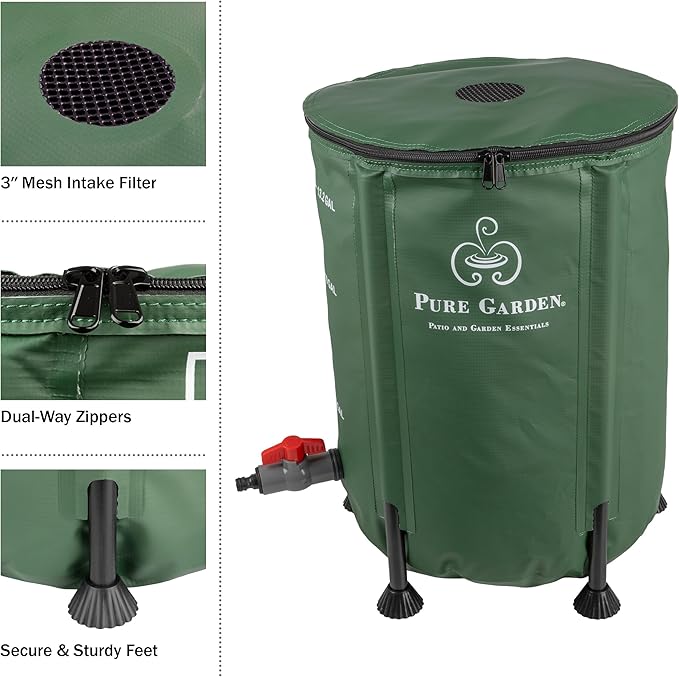 Rain Barrel - 13.2-Gallon/50-Liter Collapsible Water Container for Catching Rainwater - Portable Water Tank with Outflow Valve by Pure Garden (Green)
