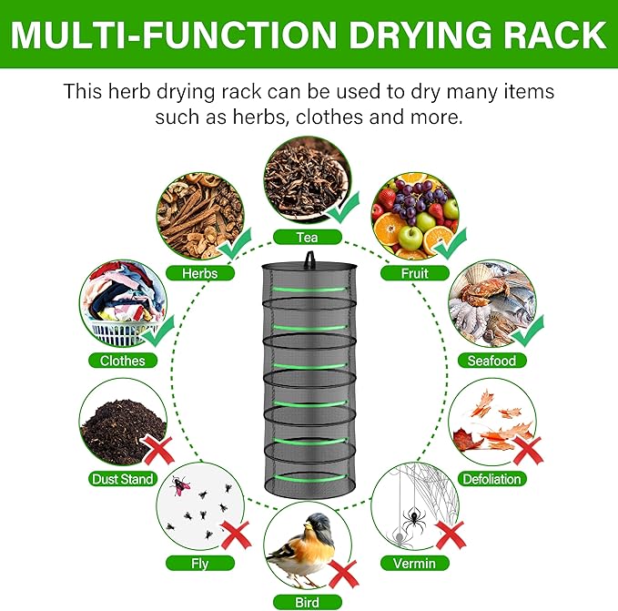iPower Herb Drying Rack 6-Layer Zippered Mesh Hanging Basket Dryer Net with Garden Pruning Shear, Storage Pouch and Hook for Hydroponics Plant, Seed, Bud, Outdoor, Grow Tent, Closet, 24'' Diameter